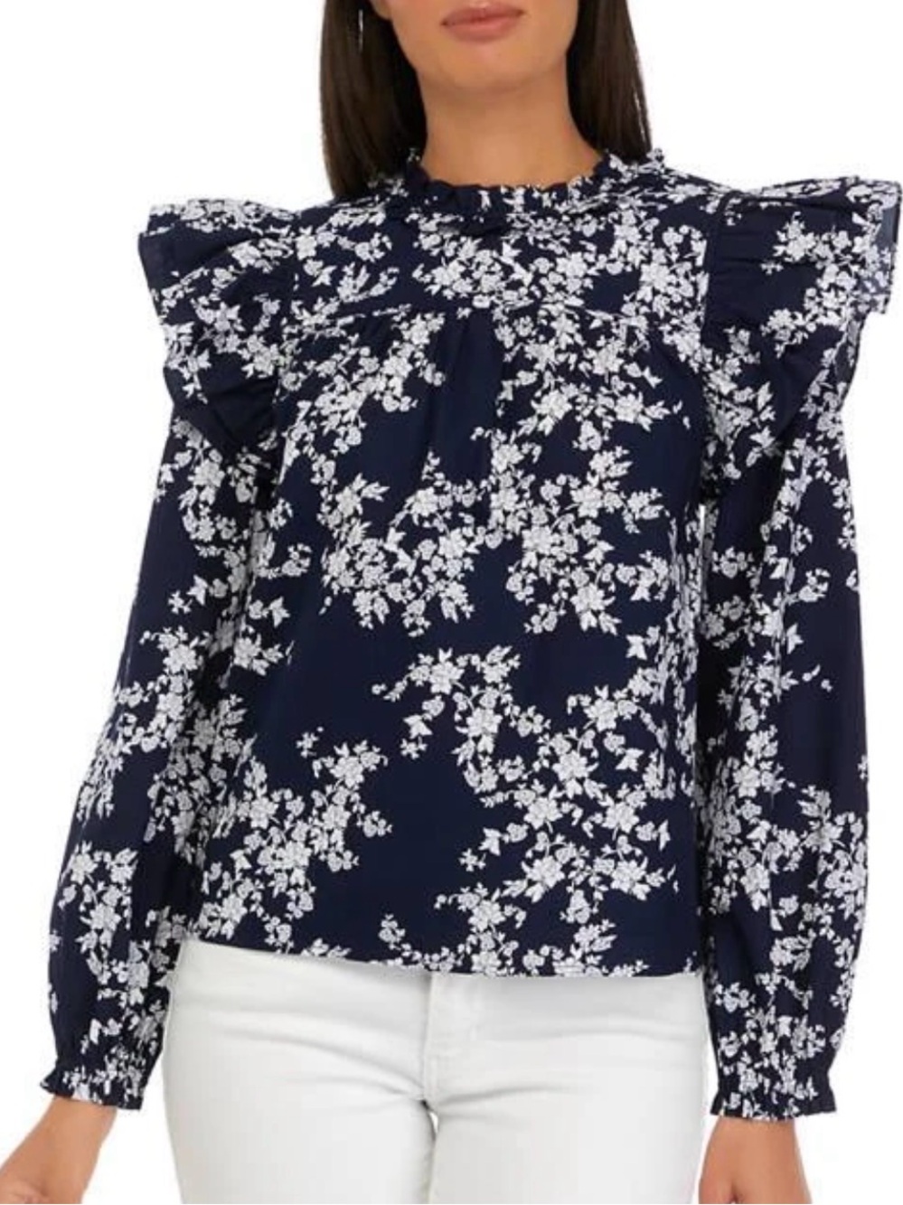 Crown & Ivy Navy Blue Floral Ruffle-Shoulder Top